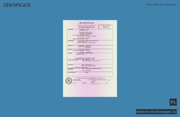 Australien, New South Wales: Sterbeurkunde im Word- und PDF-Format – Beispielvorschau